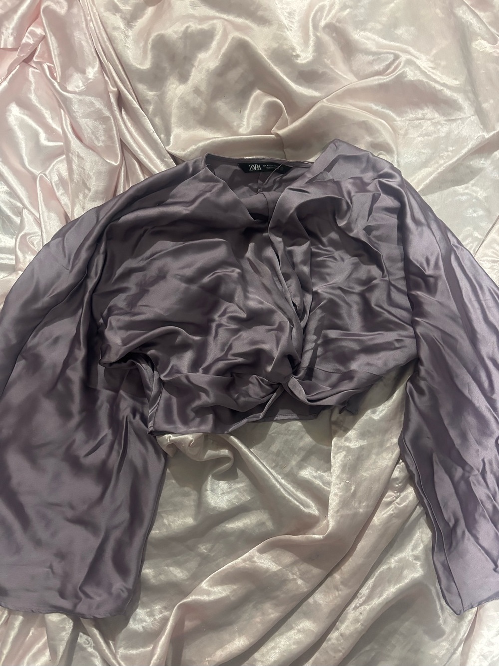Zara Dusty Lavender Satin Twist-Front Crop Top